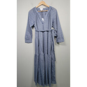 NWT Felicite Womens 1 Midi Maxi Belted Dress Cotton Semi Sheer Made In USA Blue